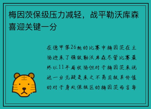 梅因茨保级压力减轻，战平勒沃库森喜迎关键一分