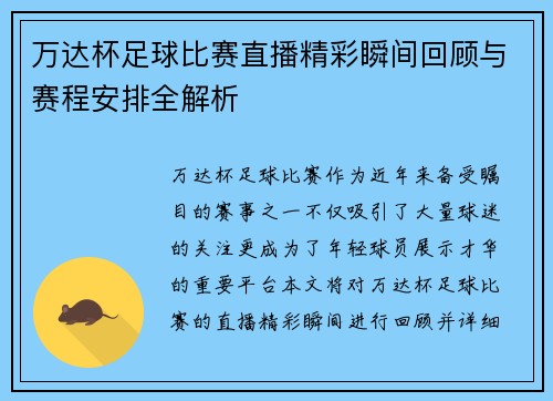万达杯足球比赛直播精彩瞬间回顾与赛程安排全解析 万达杯足球比赛直播精彩瞬间回顾与赛程安排全解析